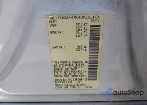 2017 Nissan Altima 2.5 S z USA, uszkodzony, nr VIN 1N4AL3AP5HC290843